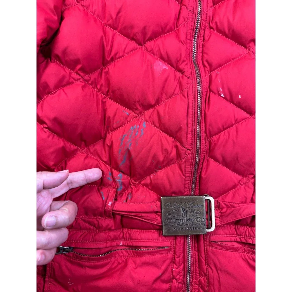 VTG Ralph Lauren Girls Red Quilted Down Puffer Jacket Hooded Belted Size XL 16